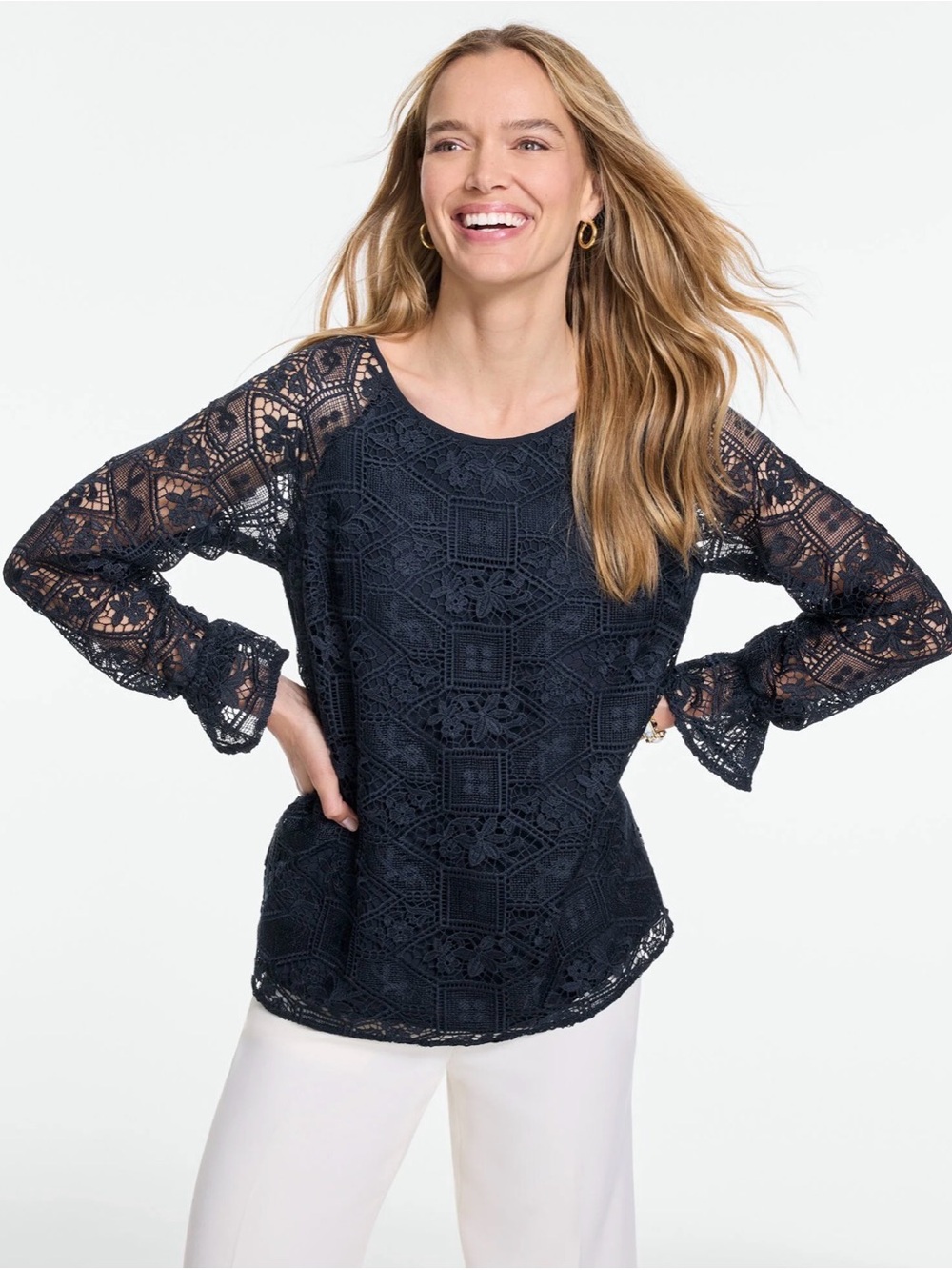 TALBOTS PAISLEY DELICATE LACE TOP Size XL, Navy